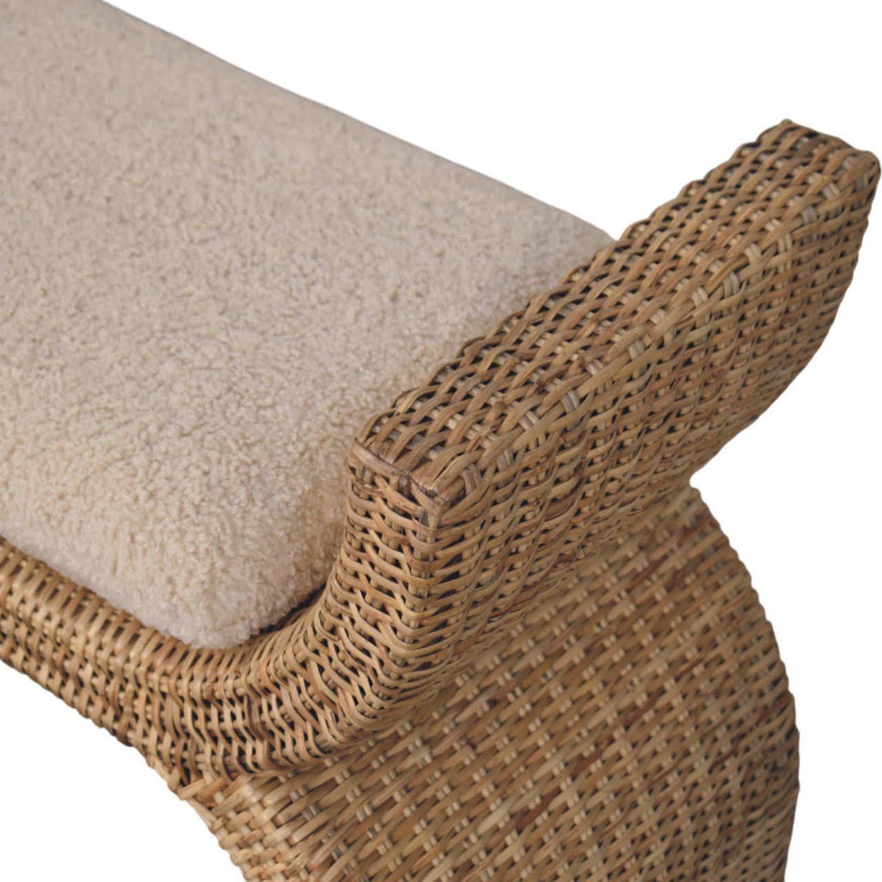 Solid Mango Wood Oak Finished Rattan Weave Boucle Cushioned Bench - Image 5
