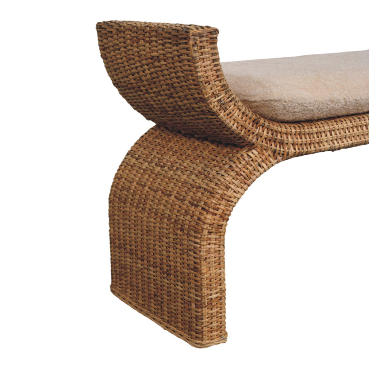 Solid Mango Wood Oak Finished Rattan Weave Boucle Cushioned Bench - Image 6