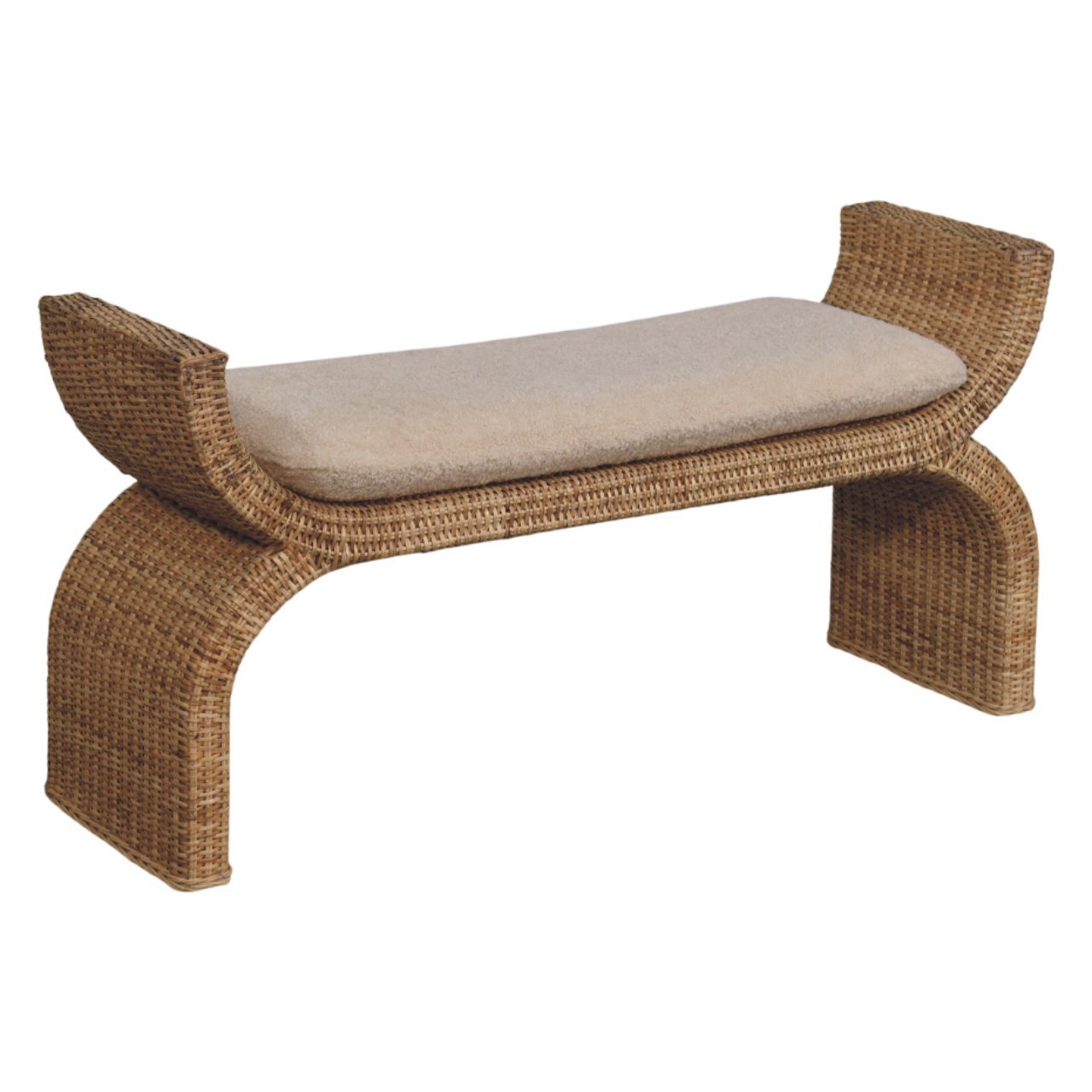 Solid Mango Wood Oak Finished Rattan Weave Boucle Cushioned Bench - Image 7