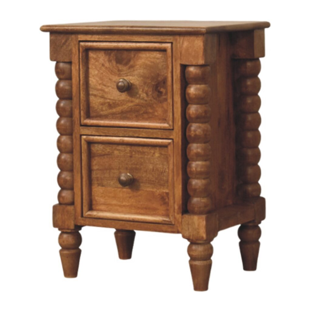 Solid Mango Wood Amber Oak Finished 2 Drawer Spindle Leg Bedside