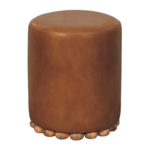 Solid Mango Wood Brown Leather Finished Bola Feet Stool