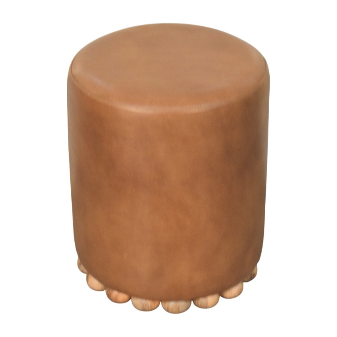 Solid Mango Wood Brown Leather Finished Bola Feet Stool - Image 2