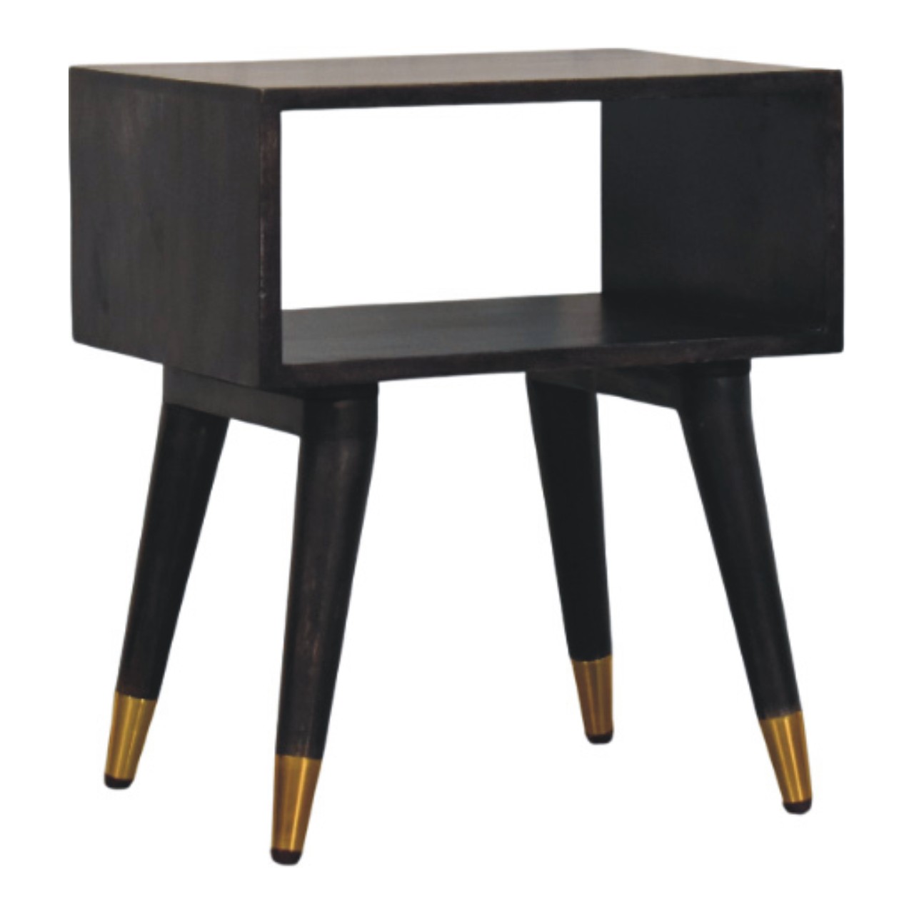 Solid Mango Wood Carbon Ash Finished Mid-Century Open Bedside