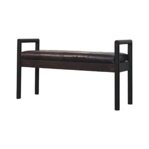 Solid Mango Wood Velvet Mocha Finish Upholstered in Black Leather Gridline Bench