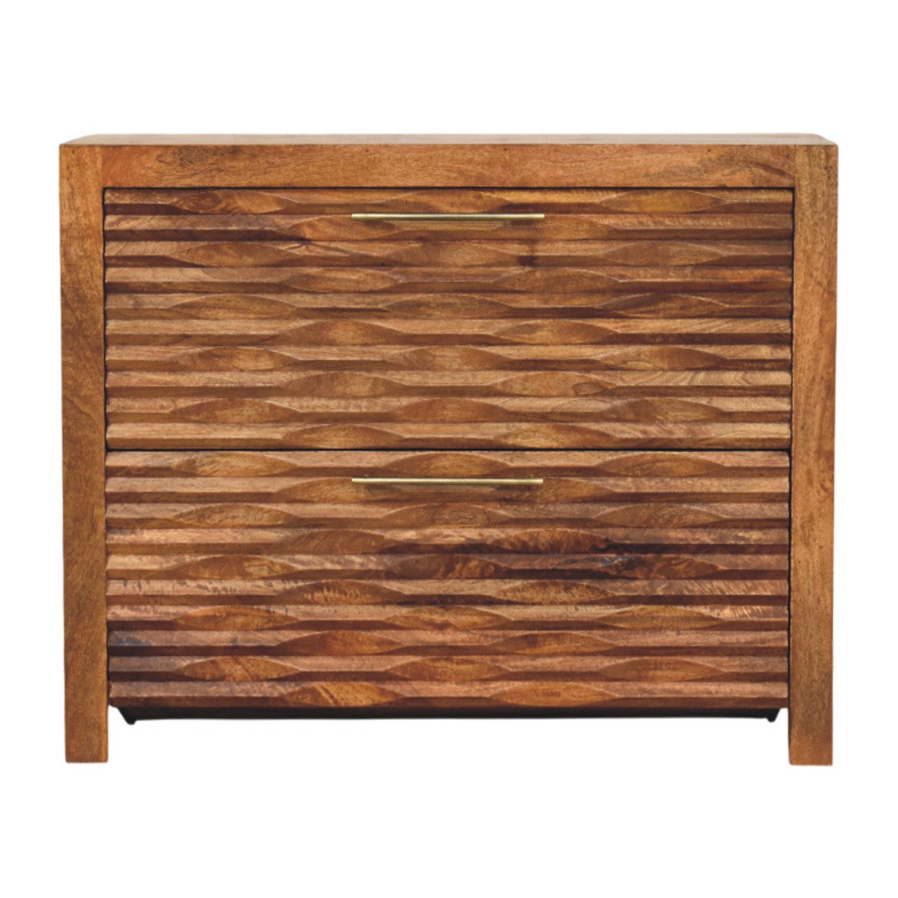 Solid Mango Wood Amber Oak Finished 2 Drawer Wavefront Cabinet