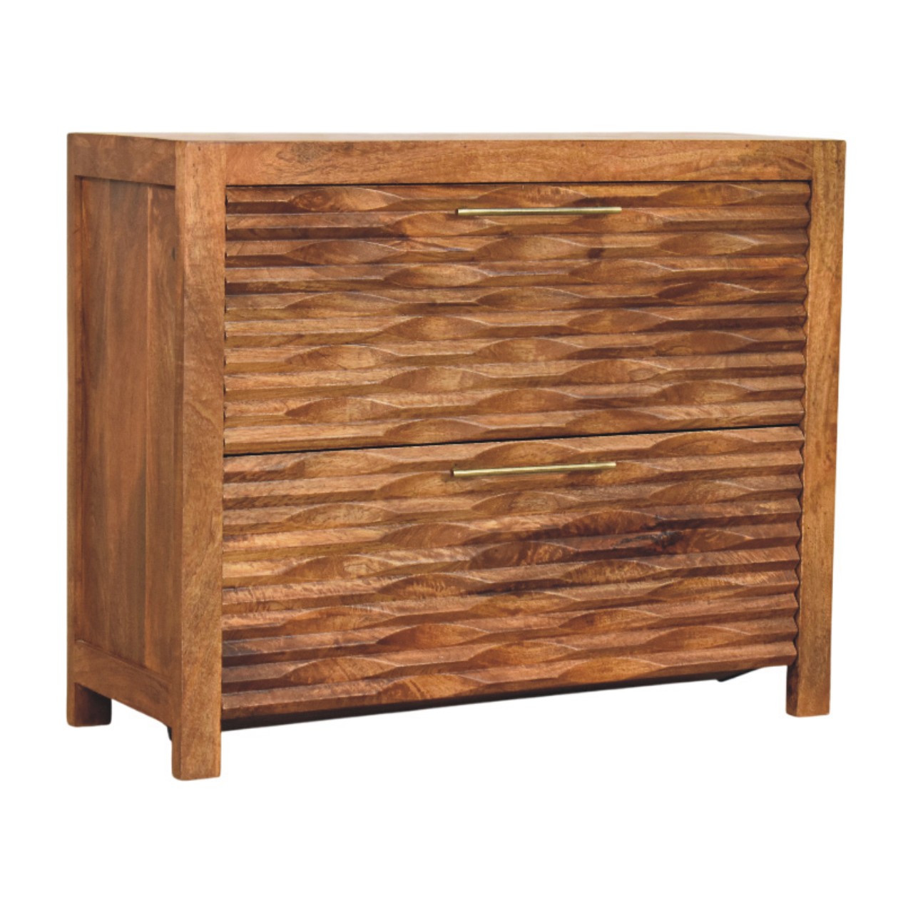 Solid Mango Wood Amber Oak Finished 2 Drawer Wavefront Cabinet - Image 2
