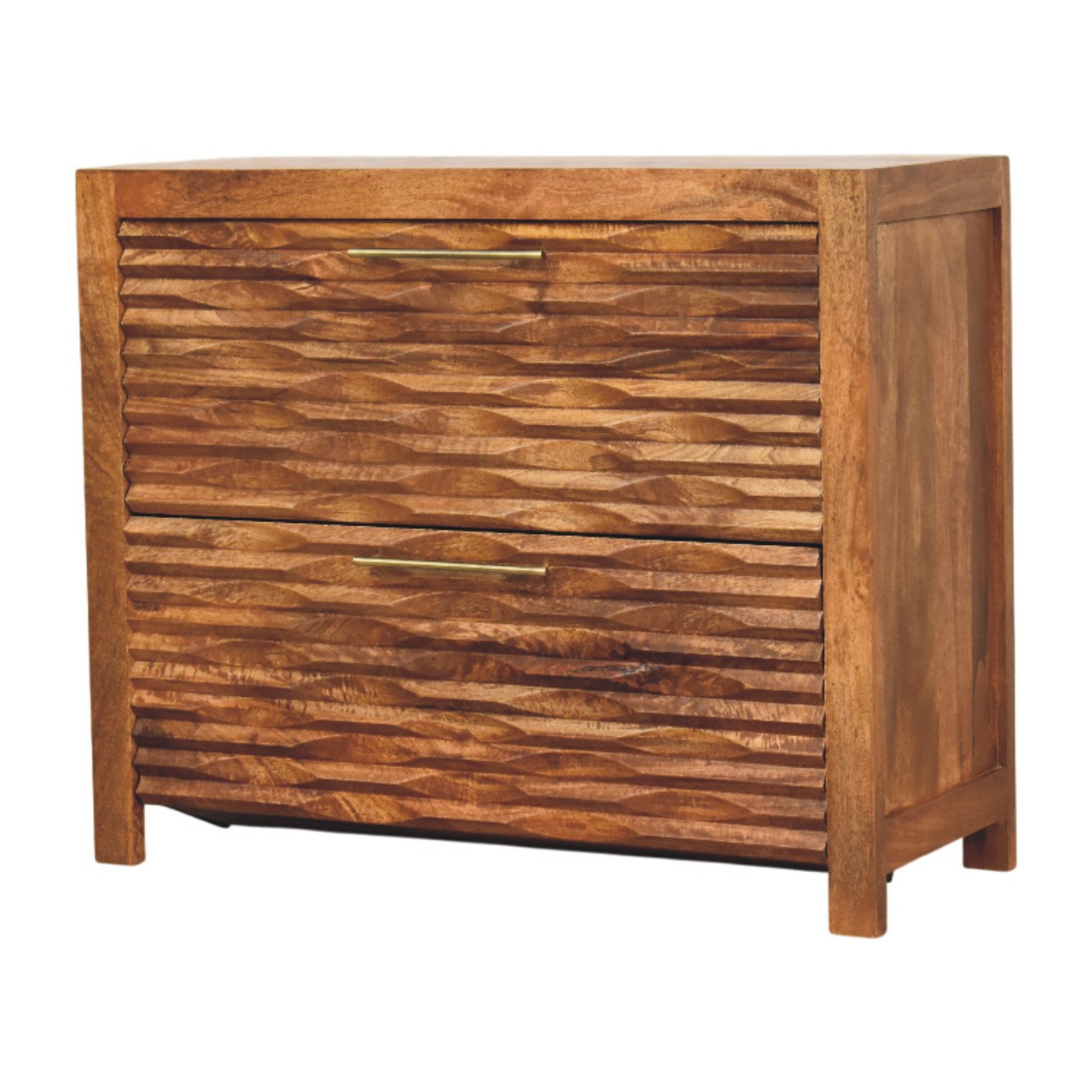 Solid Mango Wood Amber Oak Finished 2 Drawer Wavefront Cabinet - Image 3