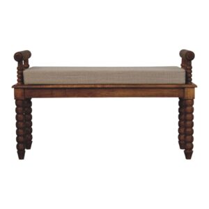 Solid Mango Wood Amber Oak Finish Spindle Amber Light Brown Linen Cushioned Bench