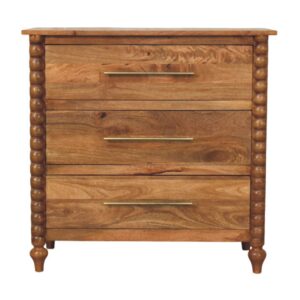 Solid Mango Wood Amber Oak Finished 3 Drawer Spindle Decorated Chest
