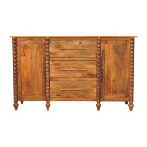 Solid Mango Wood Amber Oak Finish 2 Door 3 Drawer Spindle Decorated Sideboard