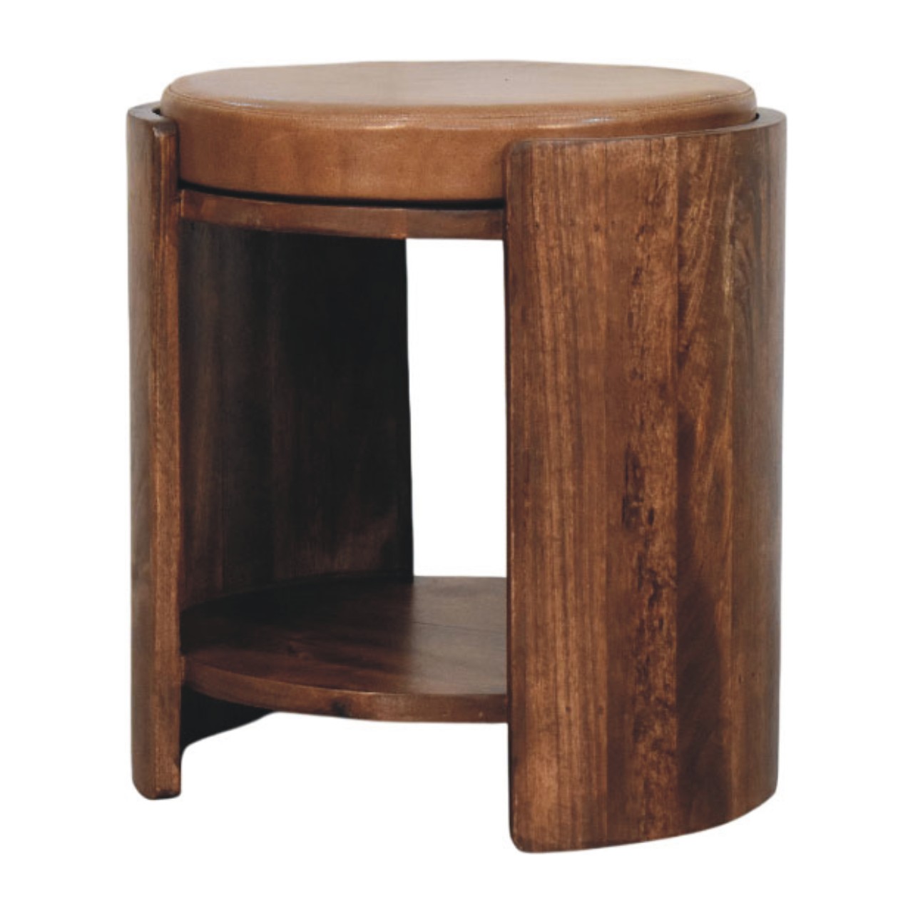 Solid Mango Wood Roast Almond Finished Savoy Leather Upholstered Stool - Image 2