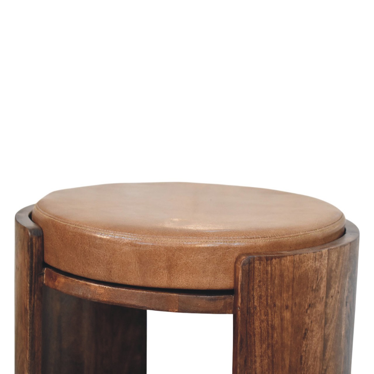 Solid Mango Wood Roast Almond Finished Savoy Leather Upholstered Stool - Image 4