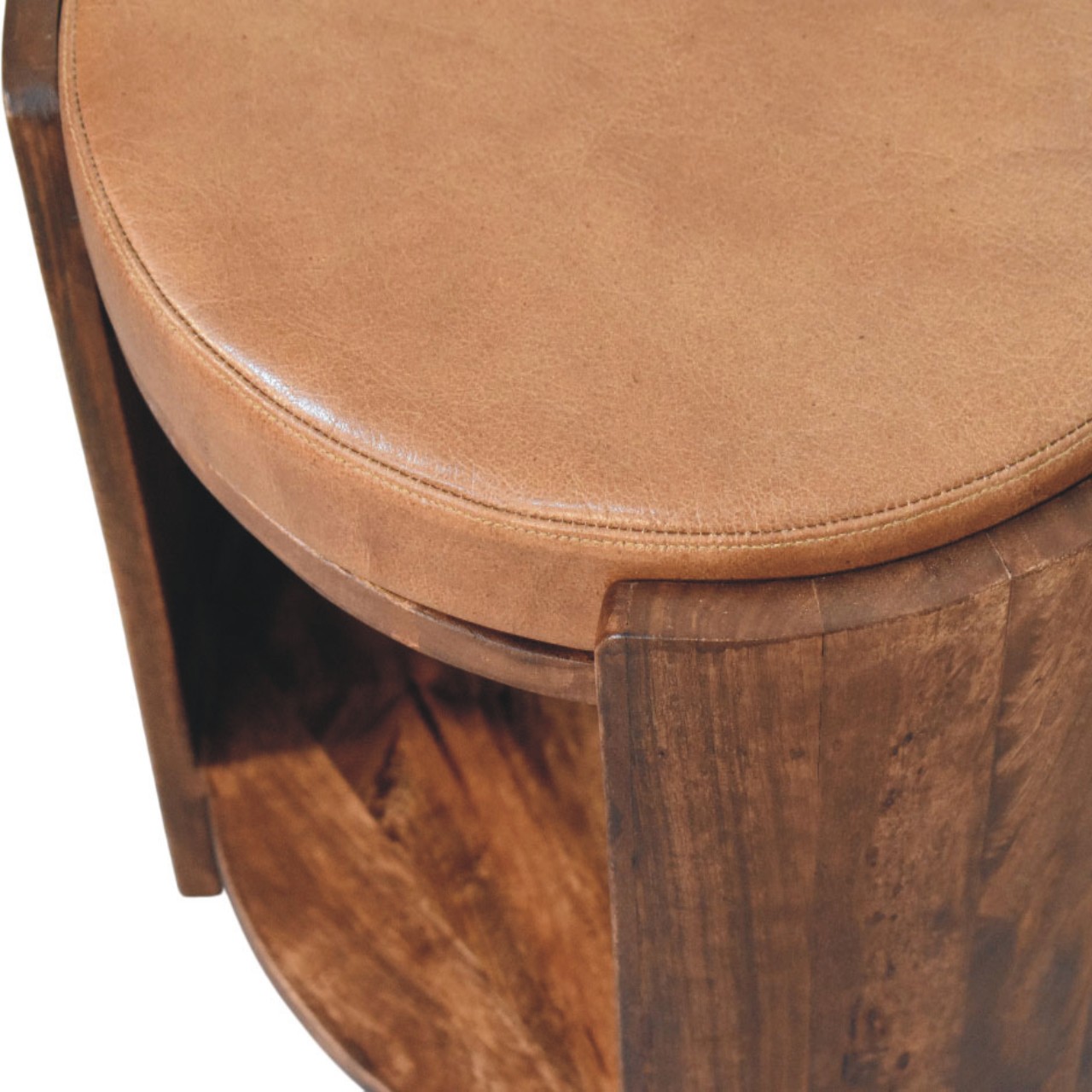 Solid Mango Wood Roast Almond Finished Savoy Leather Upholstered Stool - Image 5