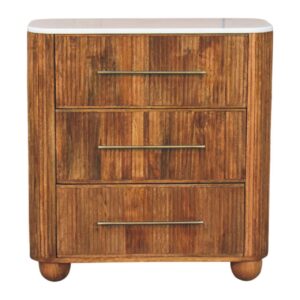 Solid Mango Wood Golden Teak Finished Beaumont Marble Topped 3 Drawer Chest