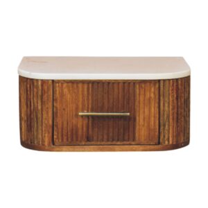 Solid Mango Wood Golden Teak Finished Beaumont Marble Topped Wall-Mounted 1 Drawer Bedside