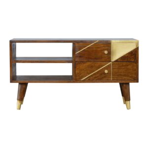 Solid Mango Wood Chestnut Finshed 2 Drawer 2 Slot Gold Geometric Chestnut Media Unit