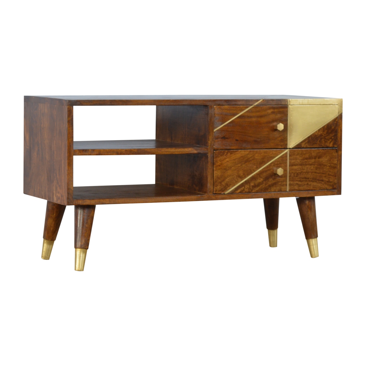 Solid Mango Wood Chestnut Finshed 2 Drawer 2 Slot Gold Geometric Chestnut Media Unit - Image 3