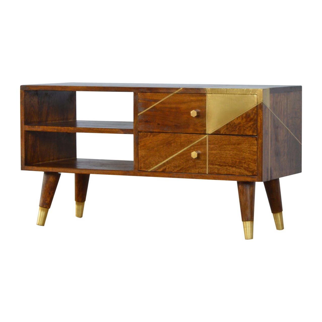 Solid Mango Wood Chestnut Finshed 2 Drawer 2 Slot Gold Geometric Chestnut Media Unit - Image 4