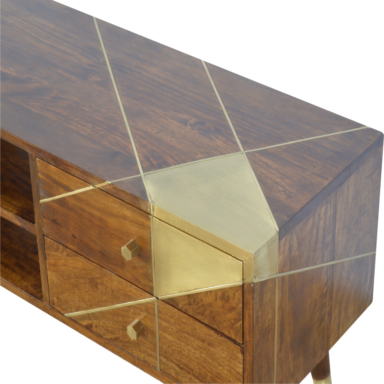 Solid Mango Wood Chestnut Finshed 2 Drawer 2 Slot Gold Geometric Chestnut Media Unit - Image 5