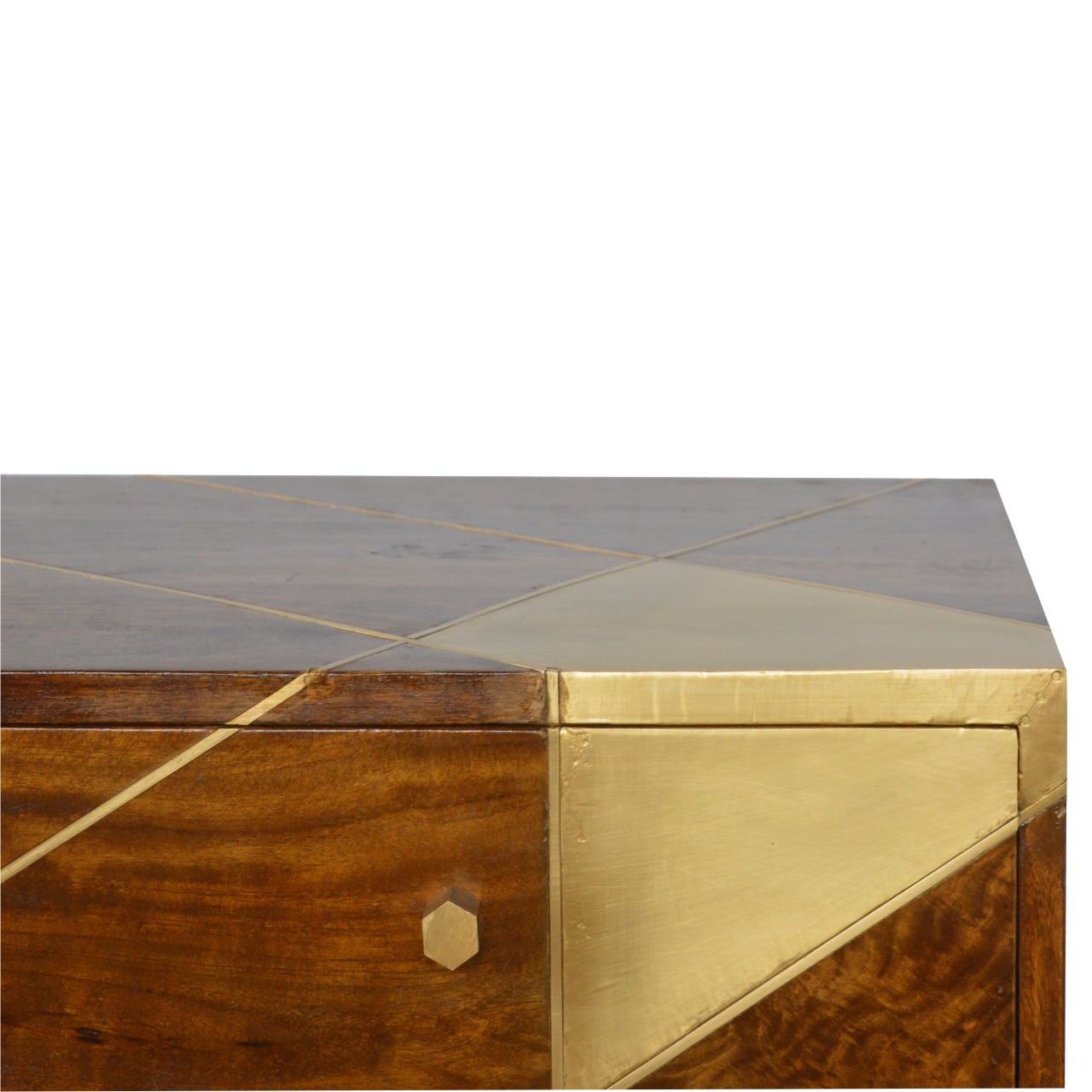 Solid Mango Wood Chestnut Finshed 2 Drawer 2 Slot Gold Geometric Chestnut Media Unit - Image 6