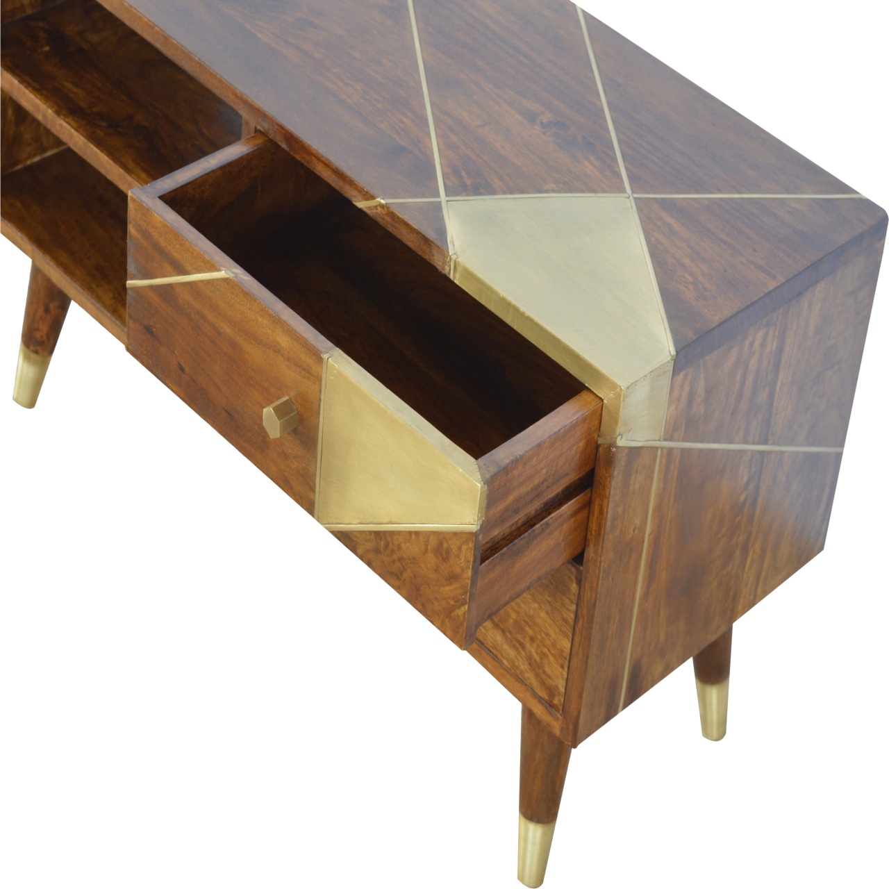 Solid Mango Wood Chestnut Finshed 2 Drawer 2 Slot Gold Geometric Chestnut Media Unit - Image 8