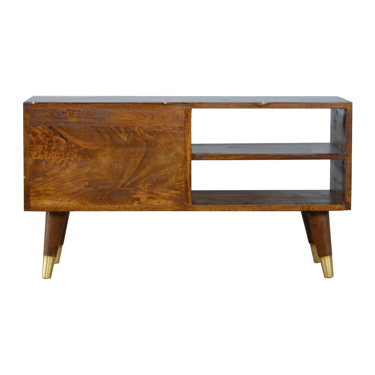 Solid Mango Wood Chestnut Finshed 2 Drawer 2 Slot Gold Geometric Chestnut Media Unit - Image 10