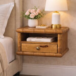 Solid Mango Wood Amber Oak Finished 1 Door Bamboo Open Bedside