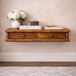 Solid Mango Wood Amber Oak Finished 2 Drawer Bamboo Decorated Wall-Mounted Console