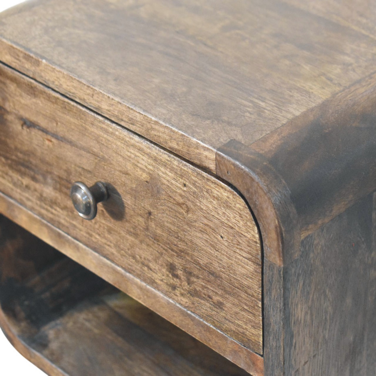 Solid Mango Wood Classic Grey Finished 1 Drawer Rounded Nightstand - Image 7