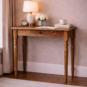 Solid Mango Wood Oak Finished 1 Drawer Turned Leg Writing Desk