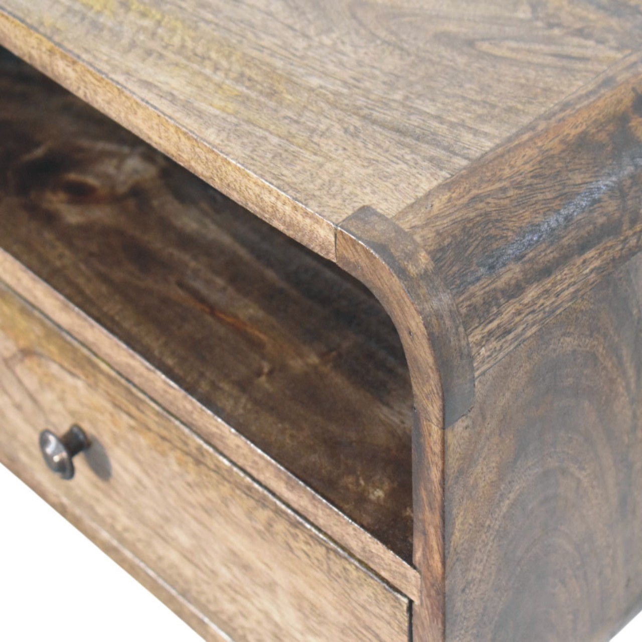 Solid Mango Wood Classic Grey Finished 1 Drawer Wall-Mount Open Slot Bedside - Image 5