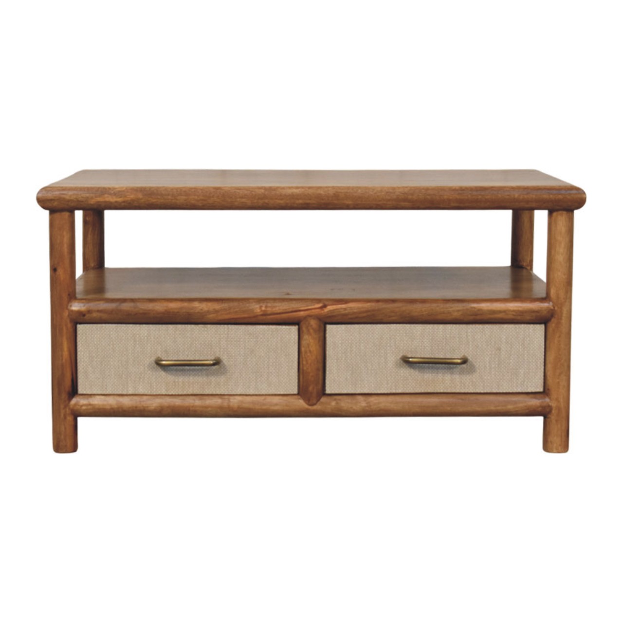Solid Mango Wood Golden Teak Finish 2 Drawer Solara Rattan Coffee Table