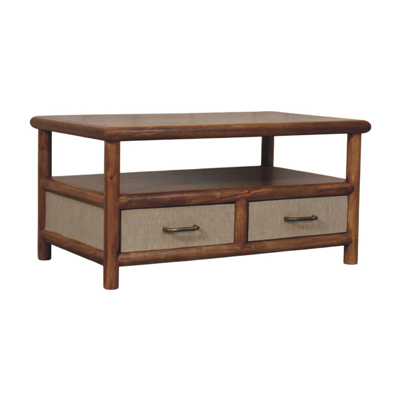 Solid Mango Wood Golden Teak Finish 2 Drawer Solara Rattan Coffee Table - Image 2