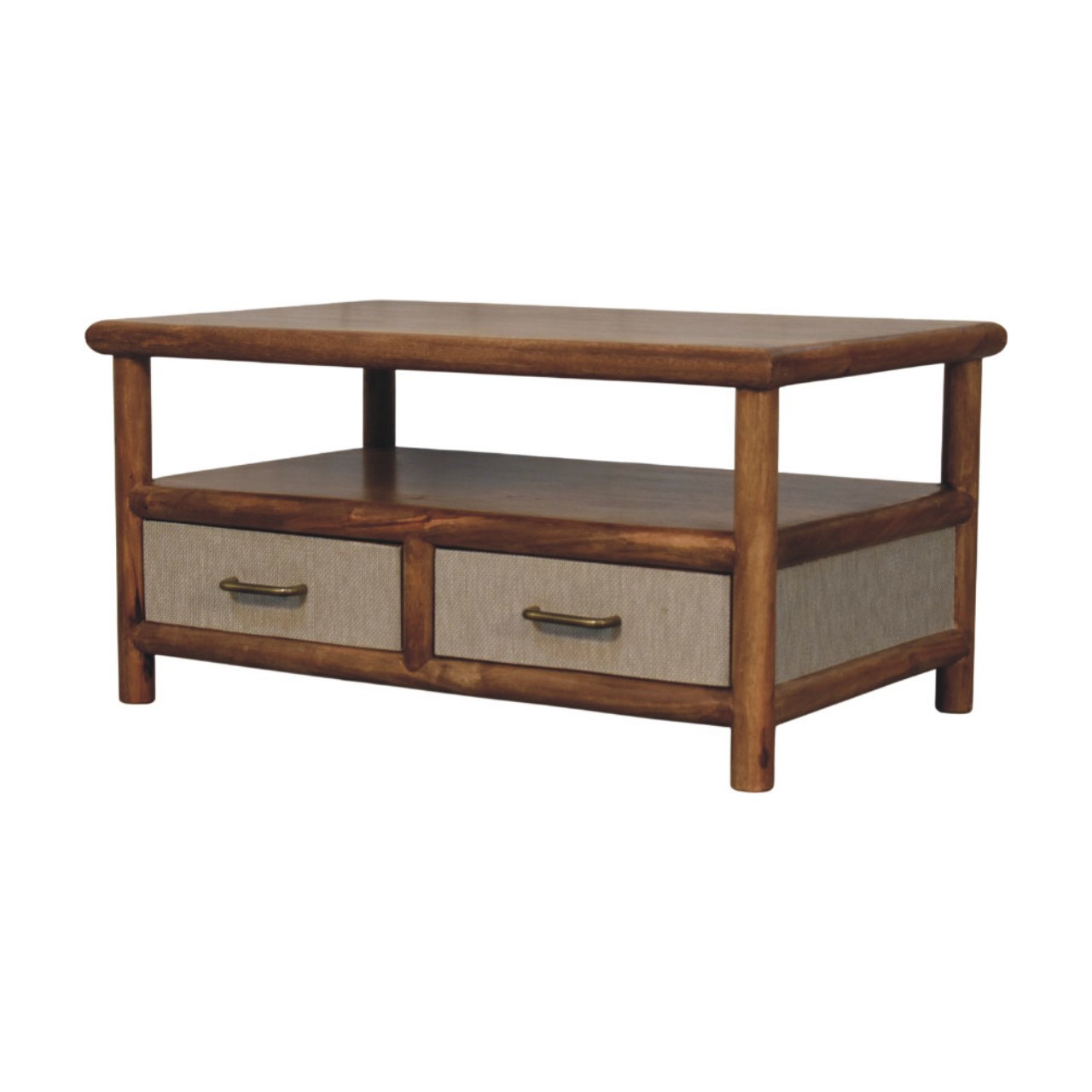 Solid Mango Wood Golden Teak Finish 2 Drawer Solara Rattan Coffee Table - Image 3