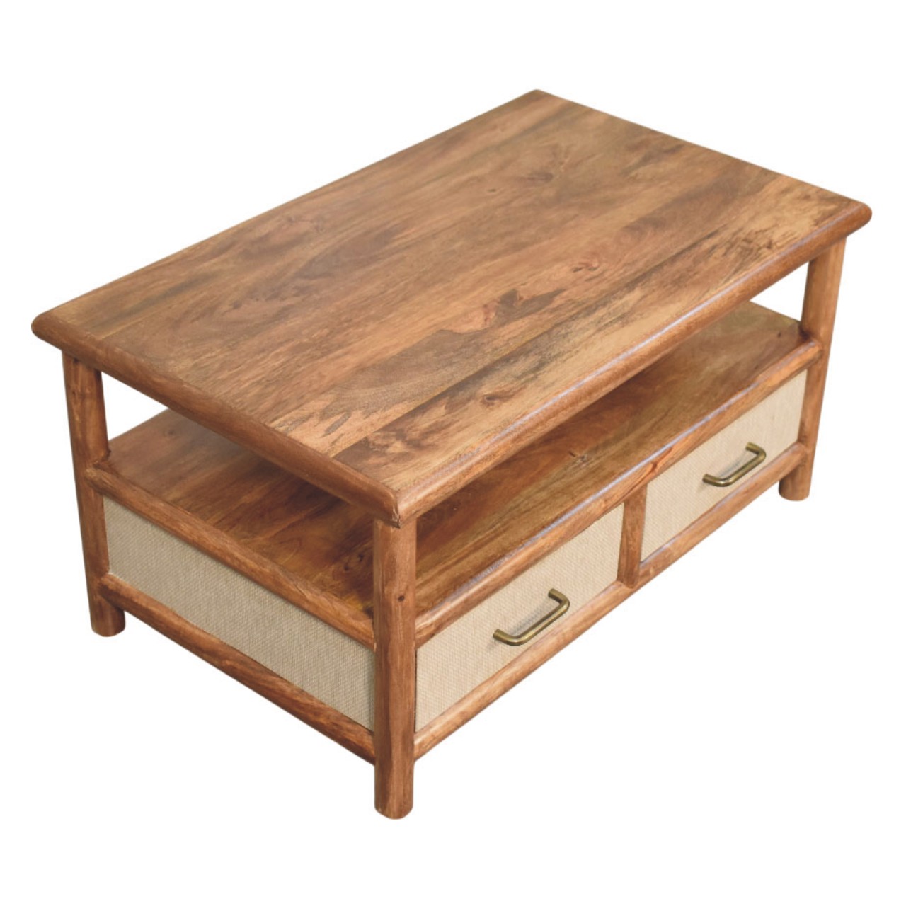 Solid Mango Wood Golden Teak Finish 2 Drawer Solara Rattan Coffee Table - Image 5