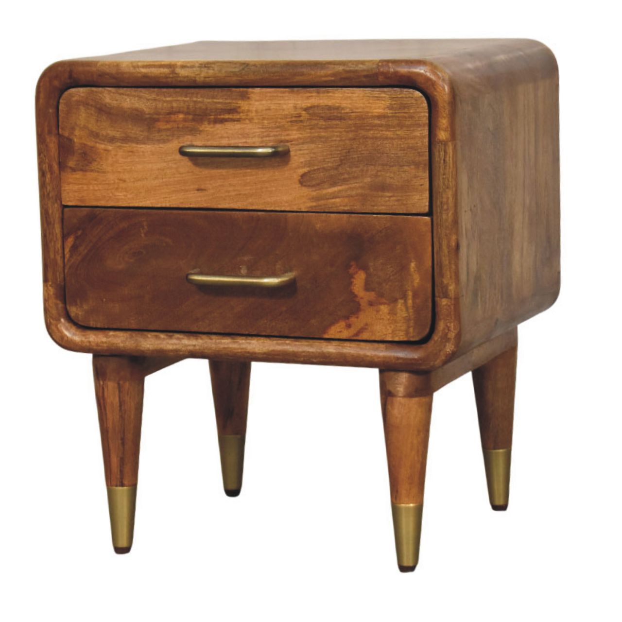 Solid Mango Wood Amber Oak Finished 2 Drawer Bedside Table - Image 2
