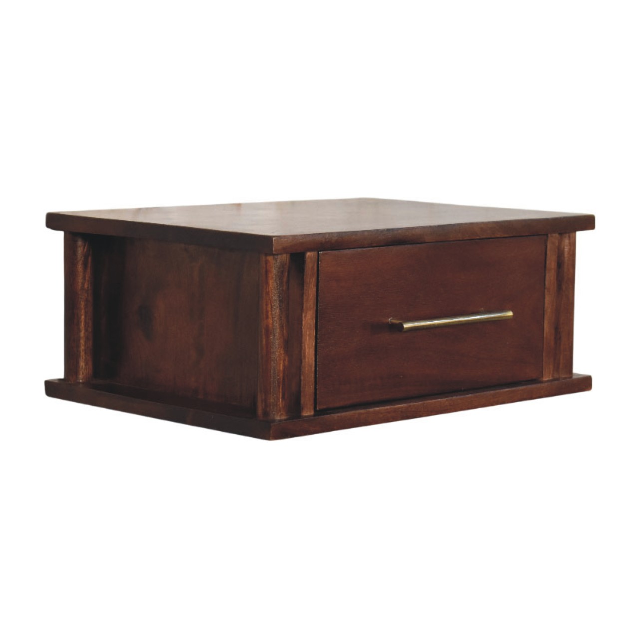Solid Mango Wood Wine Wood Oak Finished 1 Drawer Wall-Mounted Bedside with Brass Handle - Image 2