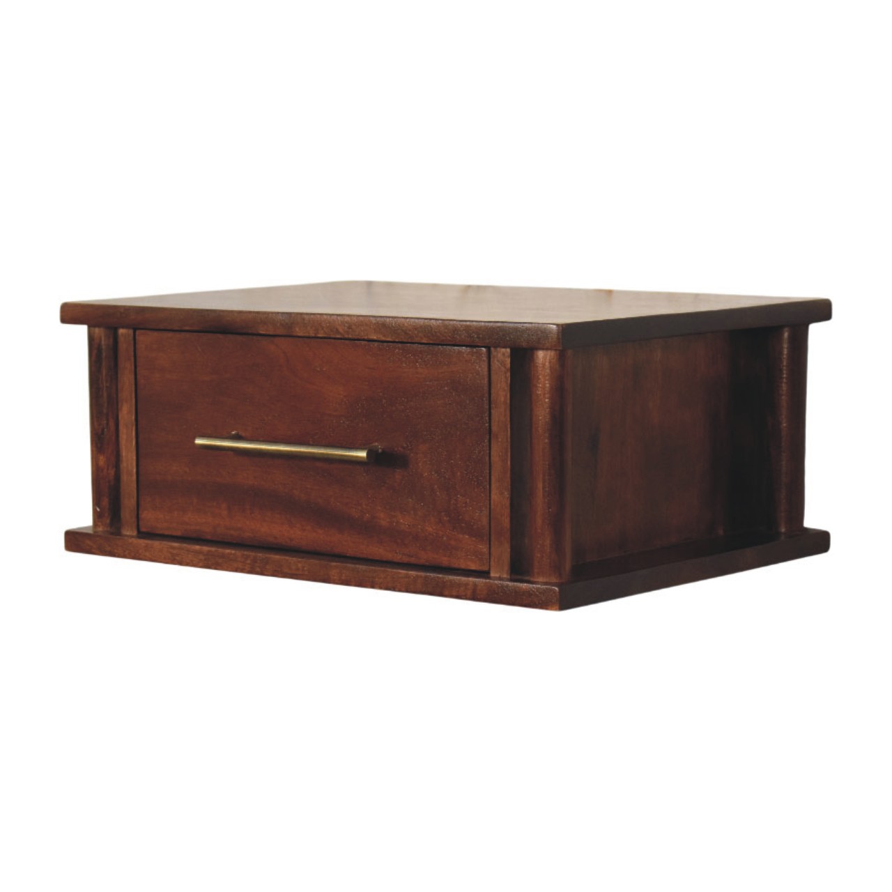 Solid Mango Wood Wine Wood Oak Finished 1 Drawer Wall-Mounted Bedside with Brass Handle - Image 3