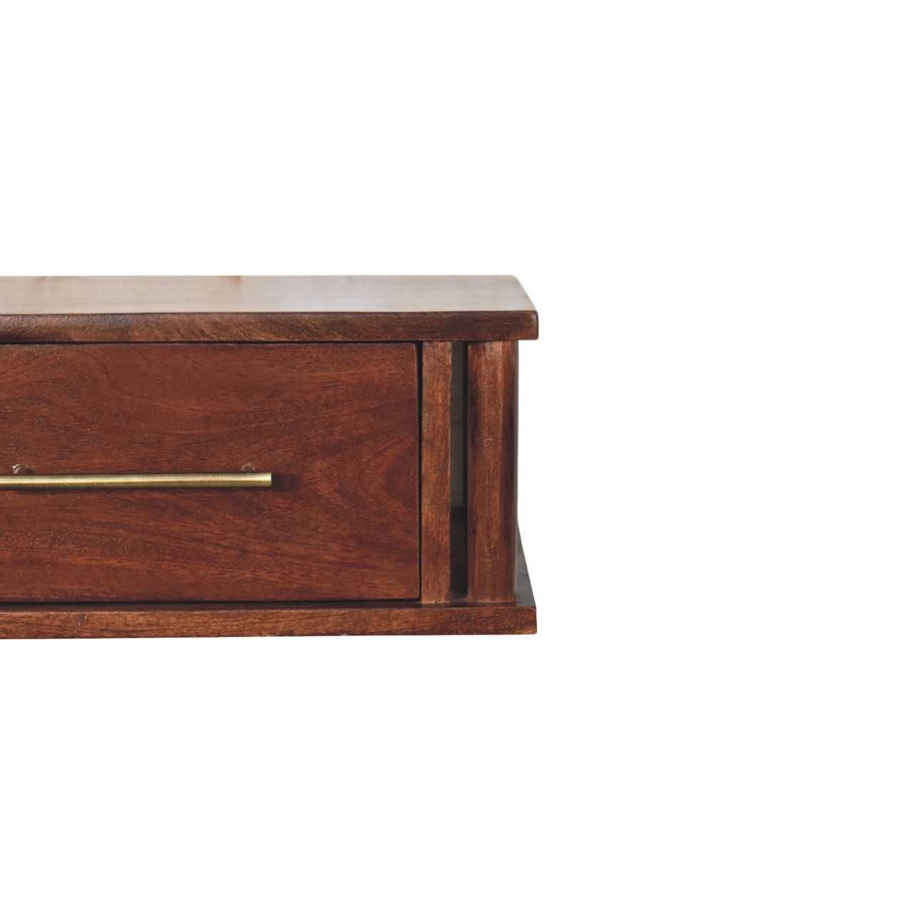 Solid Mango Wood Wine Wood Oak Finished 1 Drawer Wall-Mounted Bedside with Brass Handle - Image 4