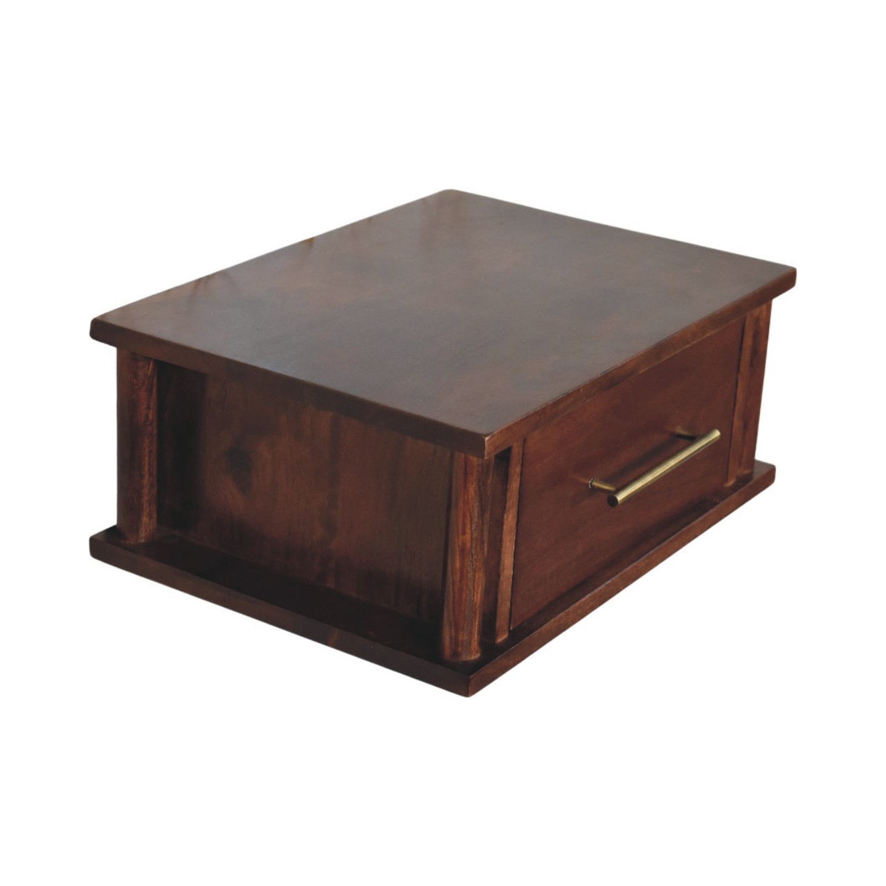 Solid Mango Wood Wine Wood Oak Finished 1 Drawer Wall-Mounted Bedside with Brass Handle - Image 5