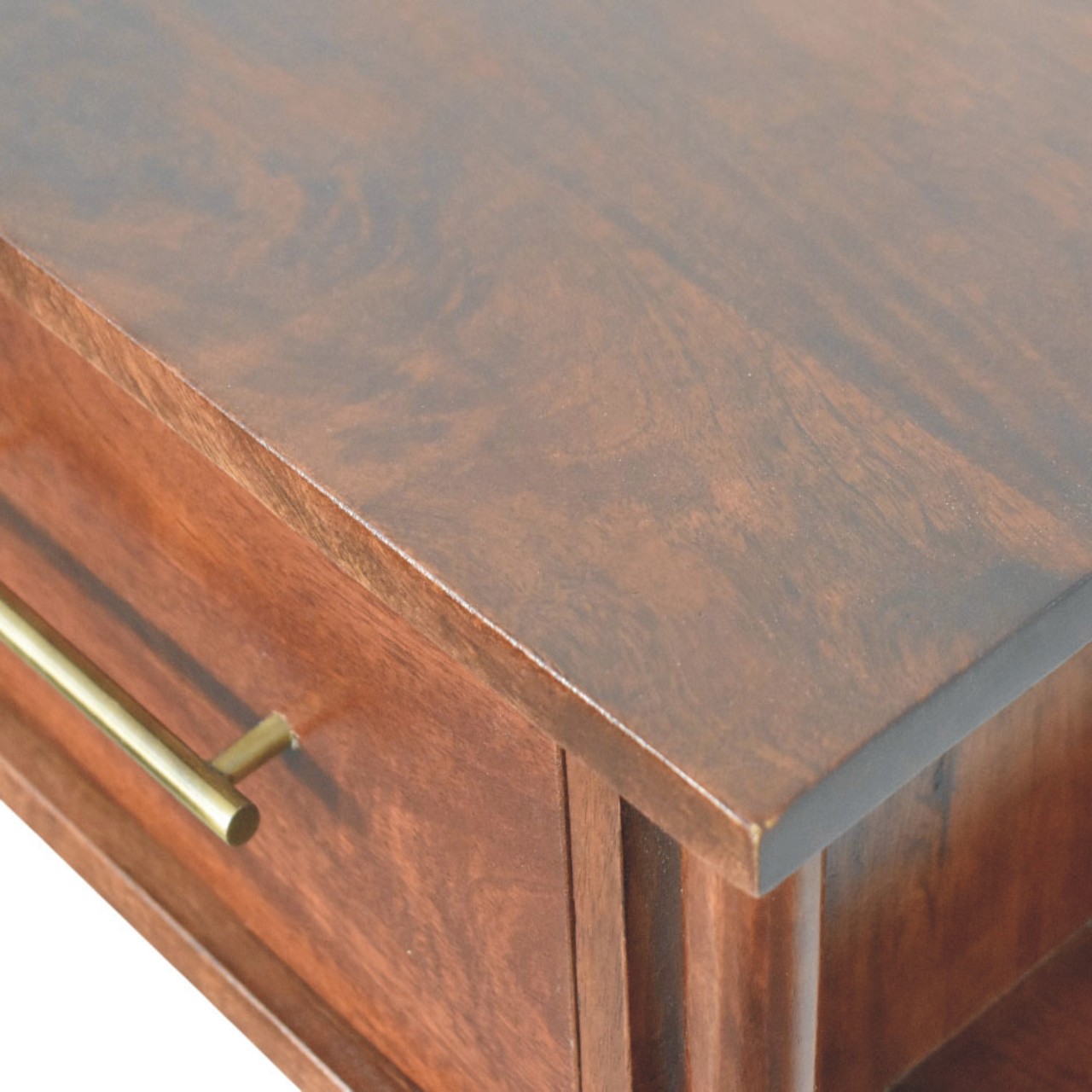Solid Mango Wood Wine Wood Oak Finished 1 Drawer Wall-Mounted Bedside with Brass Handle - Image 6