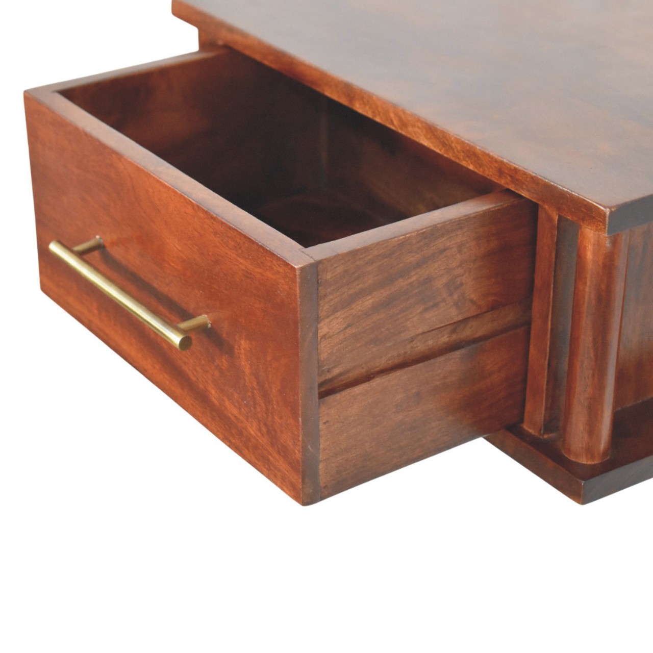 Solid Mango Wood Wine Wood Oak Finished 1 Drawer Wall-Mounted Bedside with Brass Handle - Image 7