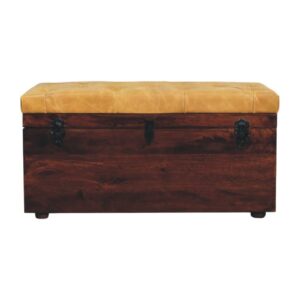 Solid Mango Wood California Walnut Finished Storage Trunk Bench with Tan Leather Upholstered Seat