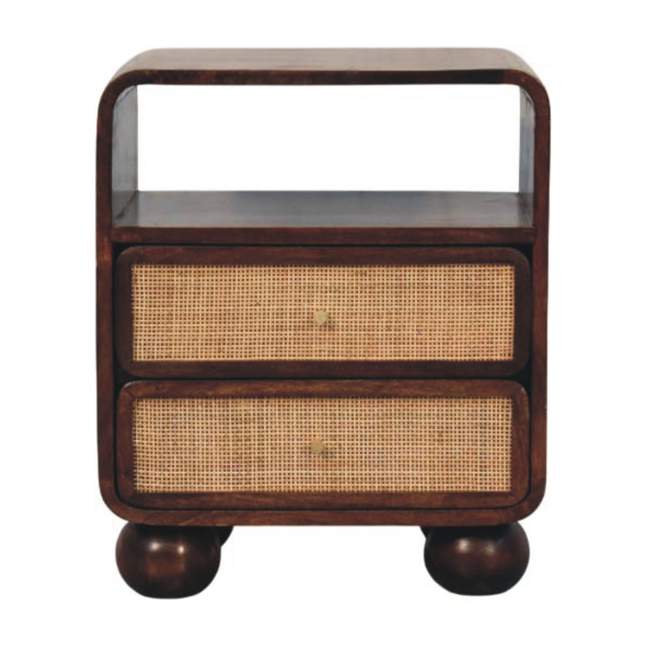 Solid Mango Wood California Walnut Finished 2 Drawer Rattan Bedside - Image 2