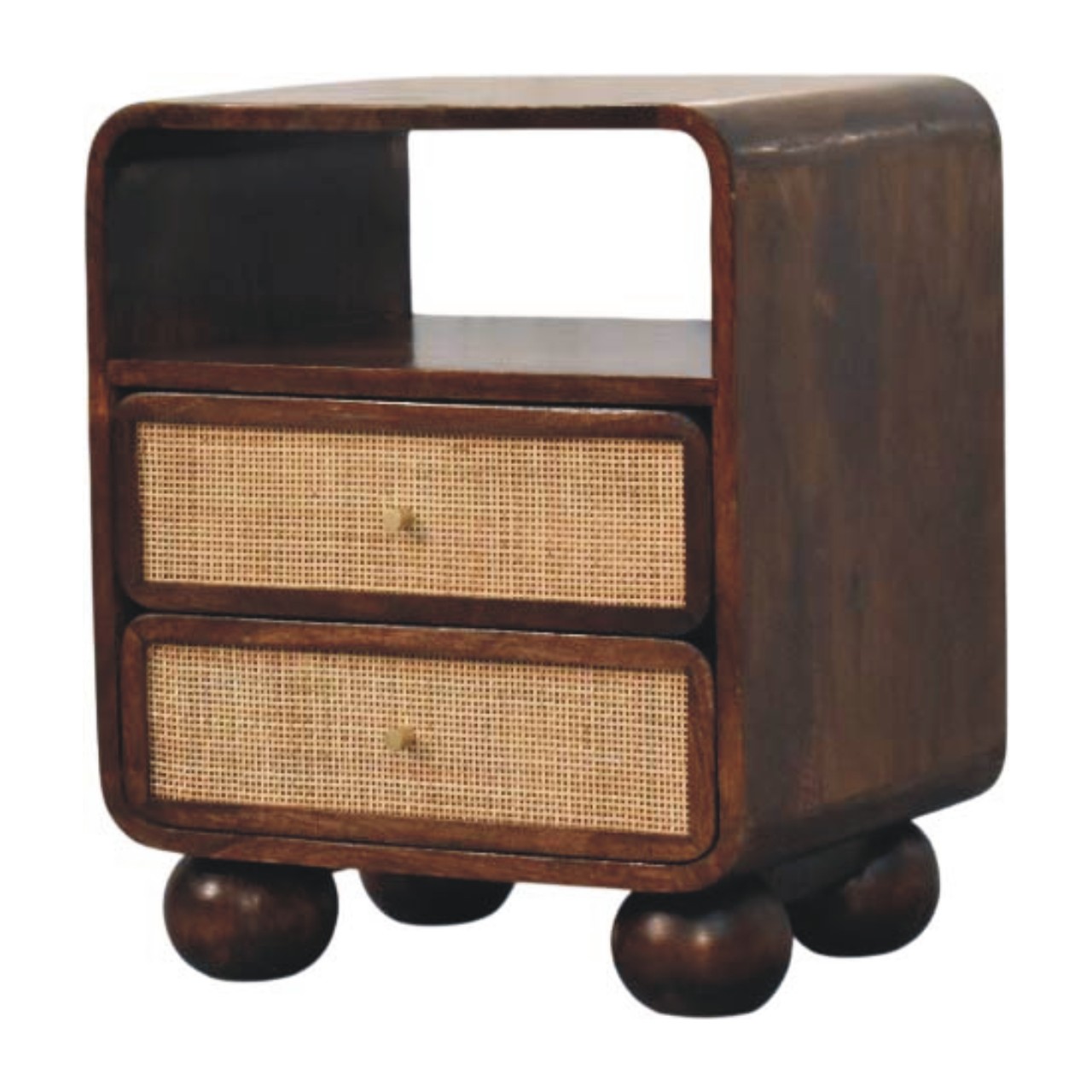 Solid Mango Wood California Walnut Finished 2 Drawer Rattan Bedside - Image 3