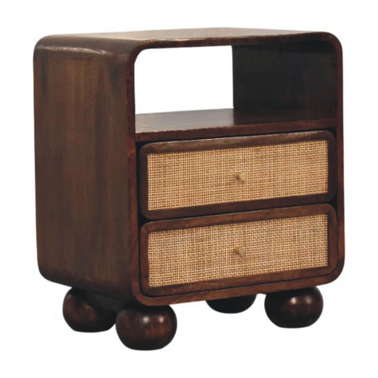 Solid Mango Wood California Walnut Finished 2 Drawer Rattan Bedside - Image 4
