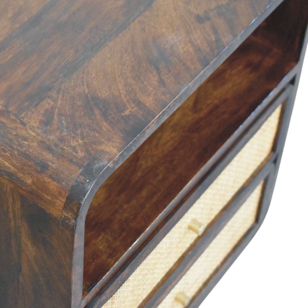 Solid Mango Wood California Walnut Finished 2 Drawer Rattan Bedside - Image 6