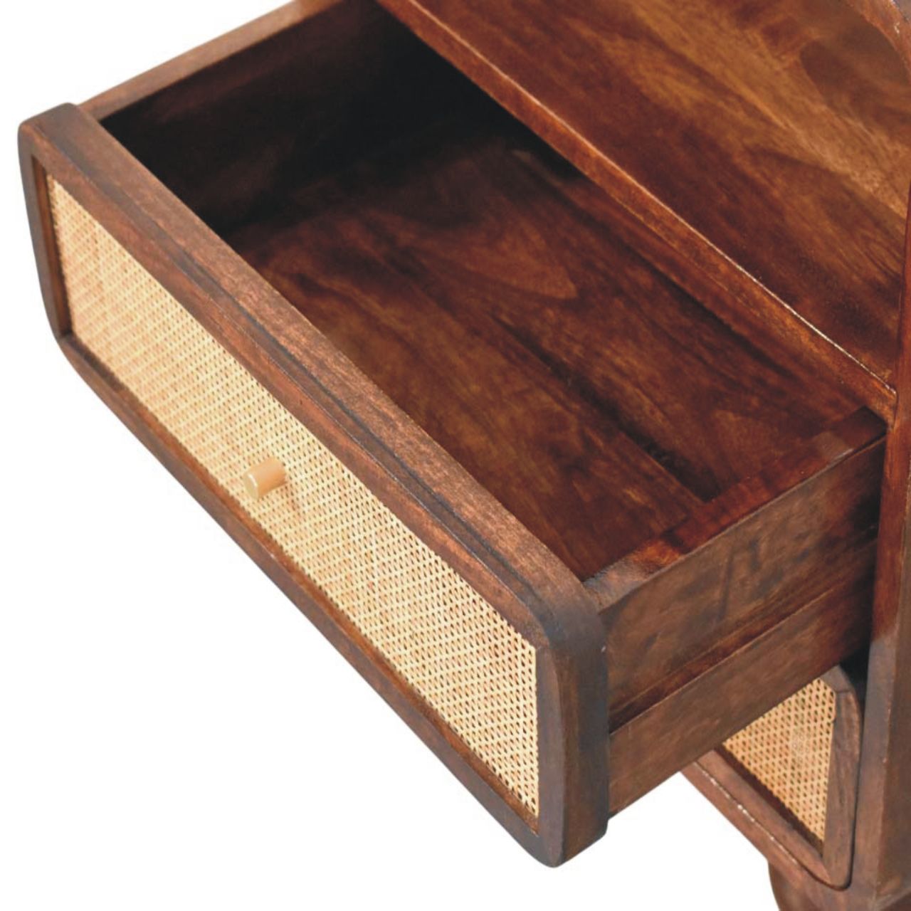 Solid Mango Wood California Walnut Finished 2 Drawer Rattan Bedside - Image 7