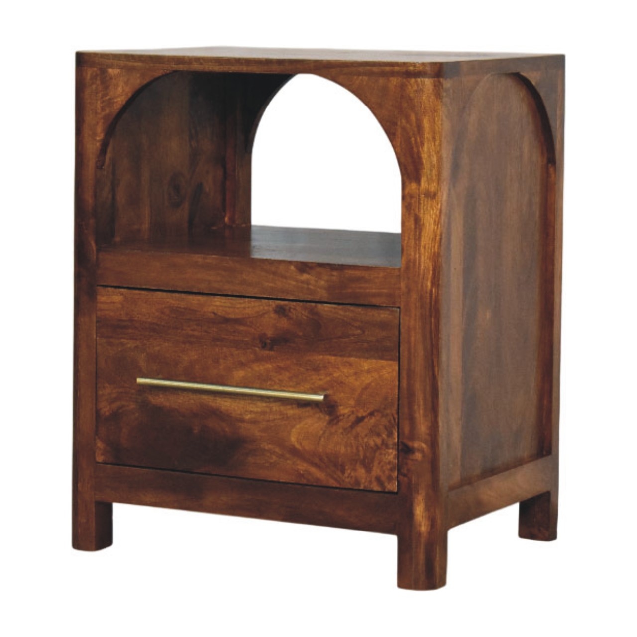 Solid Mango Wood Chestnut Finished 1 Drawer Arc Bedside Table - Image 3