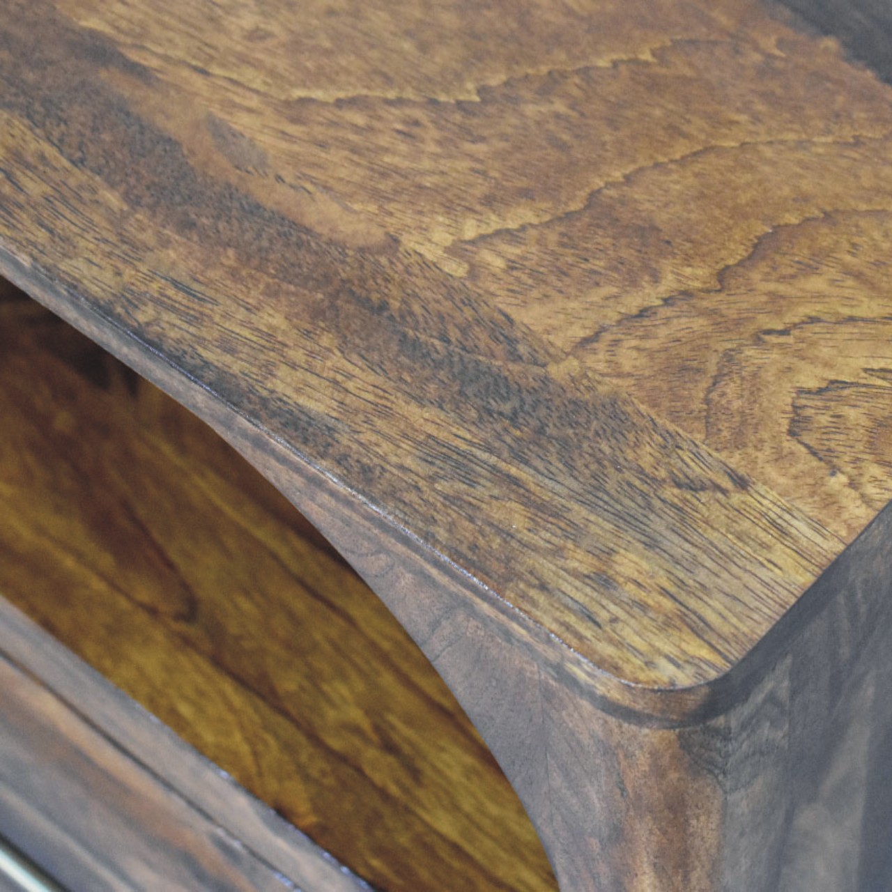 Solid Mango Wood Chestnut Finished 1 Drawer Arc Bedside Table - Image 5